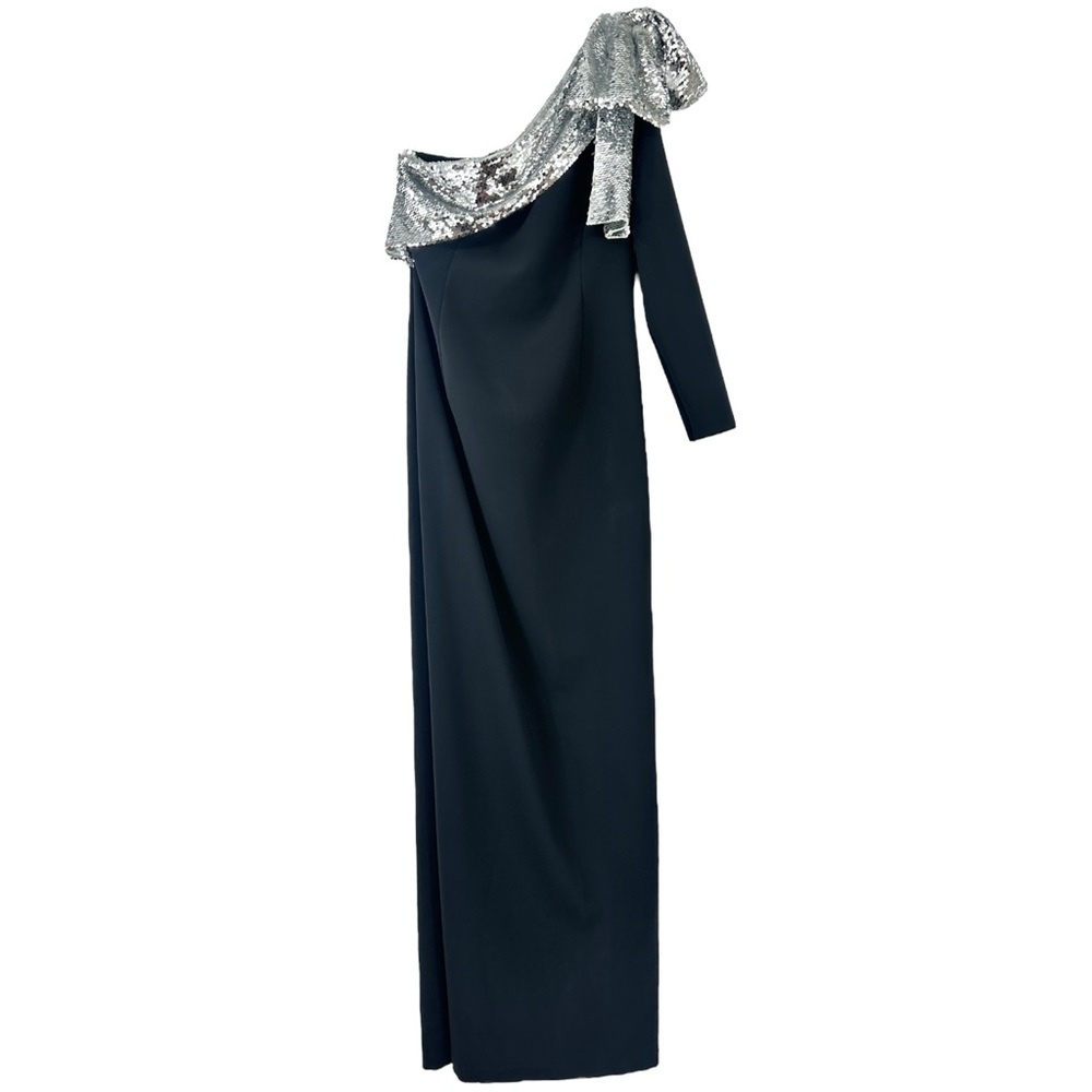 Sachin + Babi Rina Black One Sleeve Silver Sequin Maxi Evening Dress Gown